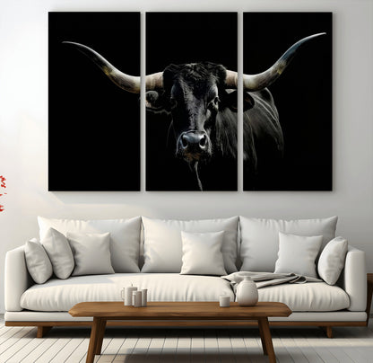 37531960-MGV-CV-36X24-Black Longhorn Bull Wall Art – Dramatic Western Cattle Canvas Print, Rustic Farmhouse Animal Artwork for Living Room, Bedroom,