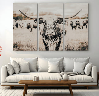 27497342-MGV-CV-36X24-Texas Longhorn Wall Art Canvas Print, Framed Speckled Cow Art Picture Print, Horned Cattle Perfect Rustic Western Decor Artwork