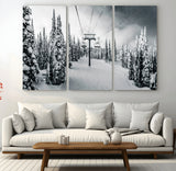 31156828-MGV-CV-48X32-3P-Snowy Pines Wall Art Canvas Print, Framed Ski Lift Art Picture Print, Winter Forest Perfect Moody Lodge Decor Artwork