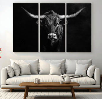 42077175-MGV-CV-36X24-Texas Longhorn Wall Art Canvas Print, Framed Monochrome Bull Art Picture Print, Horned Bull Perfect Rustic Western Decor Artwork
