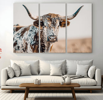 70414966-MGV-CV-36X24-Texas Longhorn Wall Art Canvas Print, Framed Speckled Cow Art Picture Print, Horned Bull Perfect Rustic Western Decor Artwork