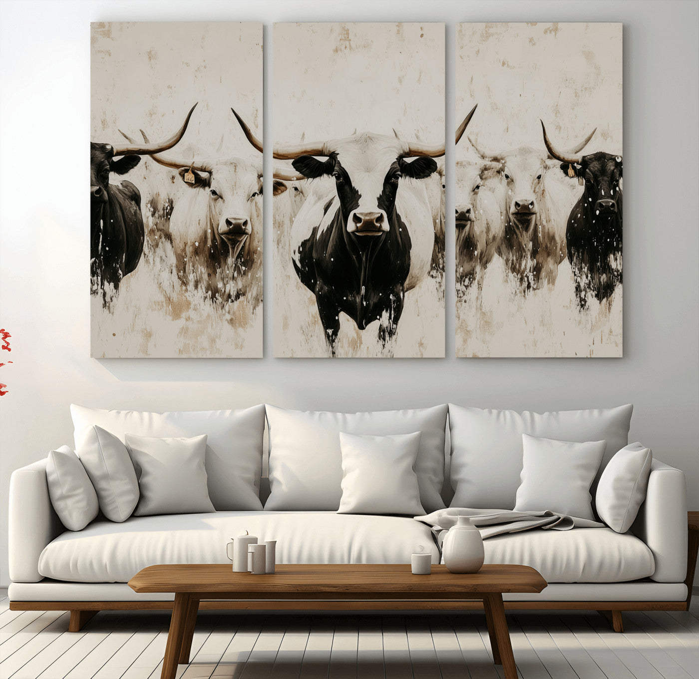 12027562-MGV-CV-48X32-3P-Longhorn Cattle Wall Art Canvas Print, Framed Bison Herd Art Picture Print, Cattle Group Perfect Rustic Farmhouse Decor Artwork