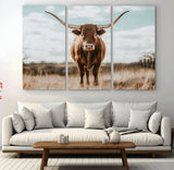 39350715-MGV-CV-36X24-Texas Longhorn Wall Art Canvas Print, Framed Longhorn Cow Art Picture Print, Western Cattle Perfect Rustic Western Decor Artwork