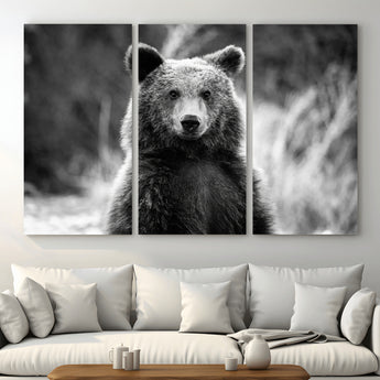 MGV-CV-48X32-3P - Grizzly Bear Wall Art Canvas Print, Framed Black White Bear Art Picture Print, Wild Bear Perfect Rustic Wildlife Decor Artwork