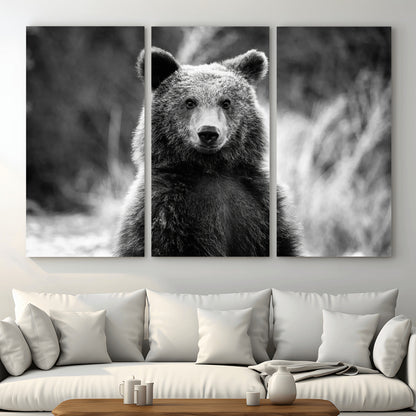 MGV-CV-48X32-3P - Grizzly Bear Wall Art Canvas Print, Framed Black White Bear Art Picture Print, Wild Bear Perfect Rustic Wildlife Decor Artwork