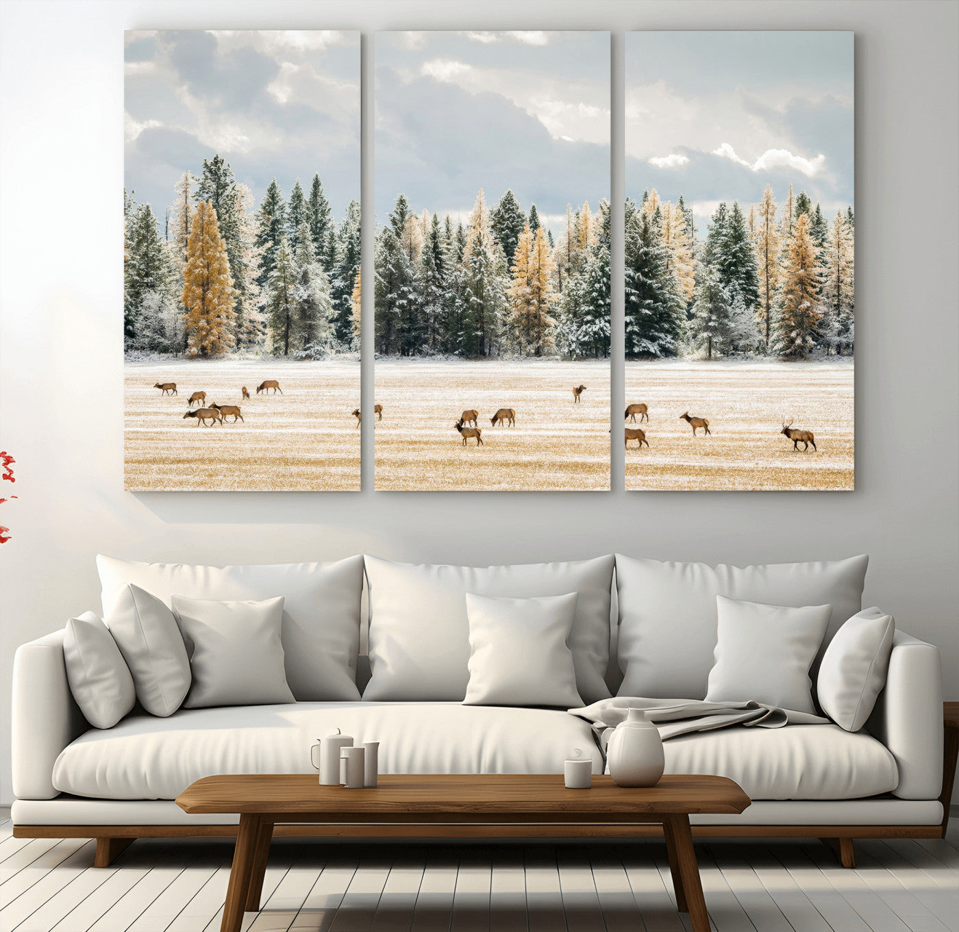 64188182-MGV-CV-36X24-Elk Herd Wall Art Canvas Print, Framed Snowy Forest Art Picture Print, Forest Elks Perfect Neutral Rustic Decor Artwork