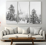 55003599-MGV-CV-36X24-Snowy Ski Lift Wall Art Canvas Print, Framed Winter Forest Art Picture Print, Ski lift Ride Perfect Winter Lodge Decor Artwork