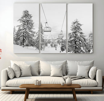 55003599-MGV-CV-36X24-Snowy Ski Lift Wall Art Canvas Print, Framed Winter Forest Art Picture Print, Ski lift Ride Perfect Winter Lodge Decor Artwork