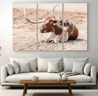 91248682-MGV-CV-36X24-Texas Longhorn Wall Art Canvas Print, Framed Resting Bull Art Picture Print, Spotted Cattle Perfect Rustic Western Decor Artwork