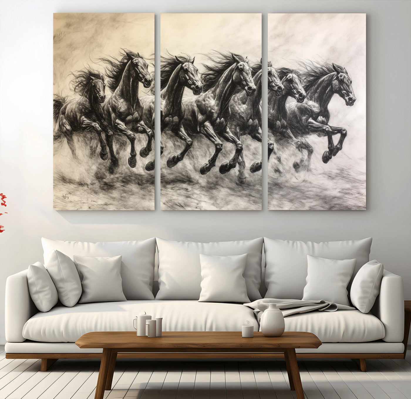 56089591-MGV-CV-48X32-3P-Galloping Horses Wall Art Canvas Print, Framed Wild Stallions Art Picture Print, Horse Herd Sketch Perfect Monochrome Dynamic