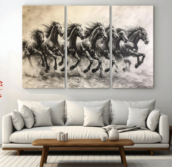 56089591-MGV-CV-48X32-3P-Galloping Horses Wall Art Canvas Print, Framed Wild Stallions Art Picture Print, Horse Herd Sketch Perfect Monochrome Dynamic