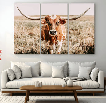 54986862-MGV-CV-48X32-3P-Majestic Longhorn Wall Art – Canvas Print of Graceful Strength & Bold Spirit, Wild Plains Beauty Nature Inspired Rustic Decor for