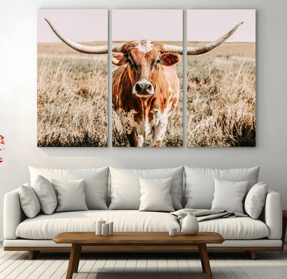 54986862-MGV-CV-48X32-3P-Majestic Longhorn Wall Art – Canvas Print of Graceful Strength & Bold Spirit, Wild Plains Beauty Nature Inspired Rustic Decor for