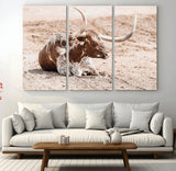 25407592-MGV-CV-48X32-3P-Texas Longhorn Wall Art Canvas Print, Framed Resting Bull Art Picture Print, Spotted Cattle Perfect Rustic Western Decor Artwork