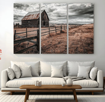 73898372-MGV-CV-48X32-3P-Rustic Barn Wall Art Canvas Print, Framed Moody Field Art Picture Print, Weathered Fence Perfect Moody Farmhouse Decor Artwork