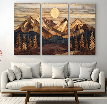 39116082-MGV-CV-48X32-3P-Wood Mountain Landscape Wall Art Canvas Print, Framed Sunset Hills Art Picture Print, Abstract Nature Perfect Boho Decor Artwork