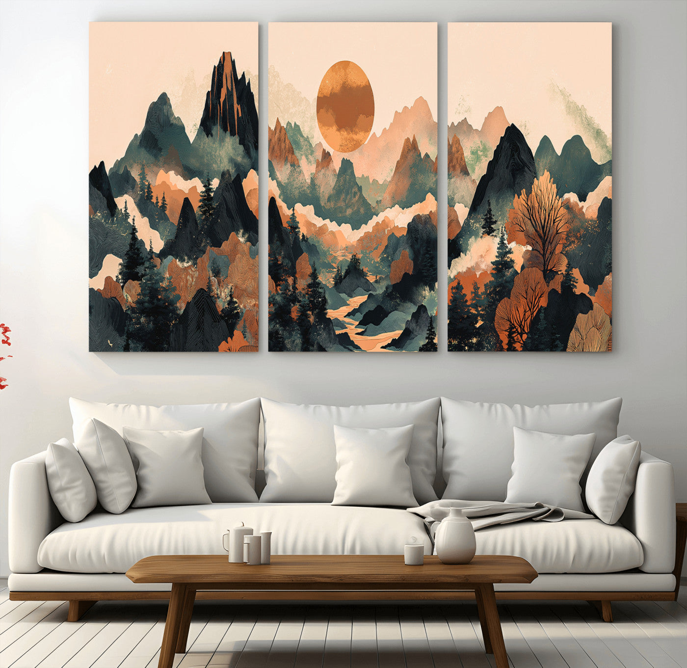 13012770-MGV-CV-36X24-Mountain Landscape Wall Art – Modern Nature Canvas Print with Sun, Misty Peaks, and Forest in Orange and Green Tones for Living