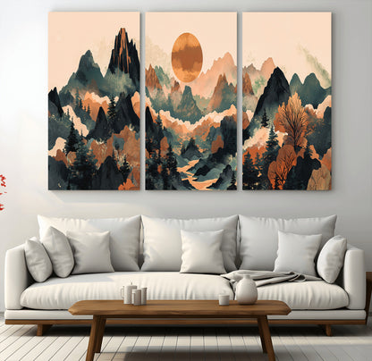 13012770-MGV-CV-36X24-Mountain Landscape Wall Art – Modern Nature Canvas Print with Sun, Misty Peaks, and Forest in Orange and Green Tones for Living