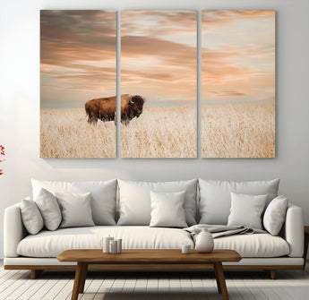 87282289-MGV-CV-48X32-3P-Bison Wall Art Canvas Print, Framed Buffalo Art Picture Print, Western Prairie Perfect Rustic Decor Artwork