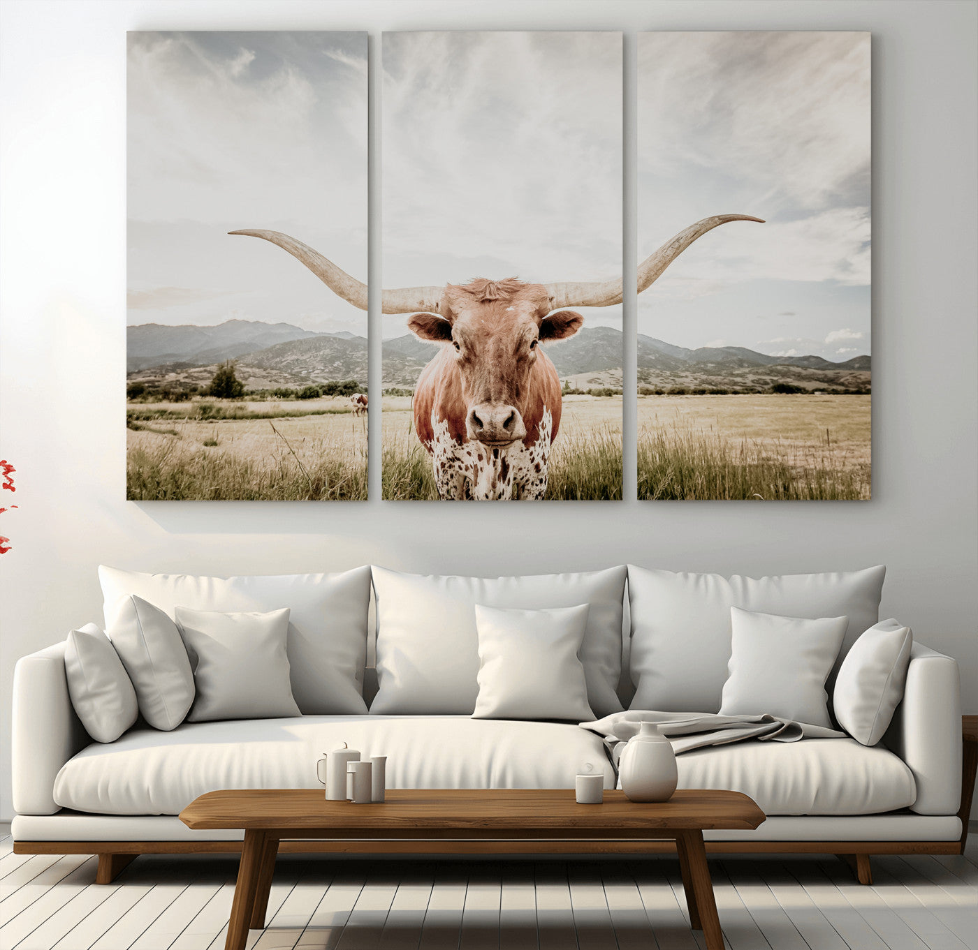 80054319-MGV-CV-48X32-3P-Texas Longhorn Wall Art Canvas Print, Framed Western Cow Art Picture Print, Rustic Farmhouse Perfect Farmhouse Decor Artwork