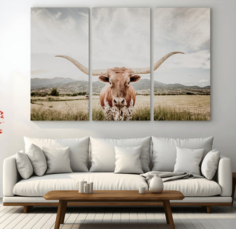 80054319-MGV-CV-48X32-3P-Texas Longhorn Wall Art Canvas Print, Framed Western Cow Art Picture Print, Rustic Farmhouse Perfect Farmhouse Decor Artwork