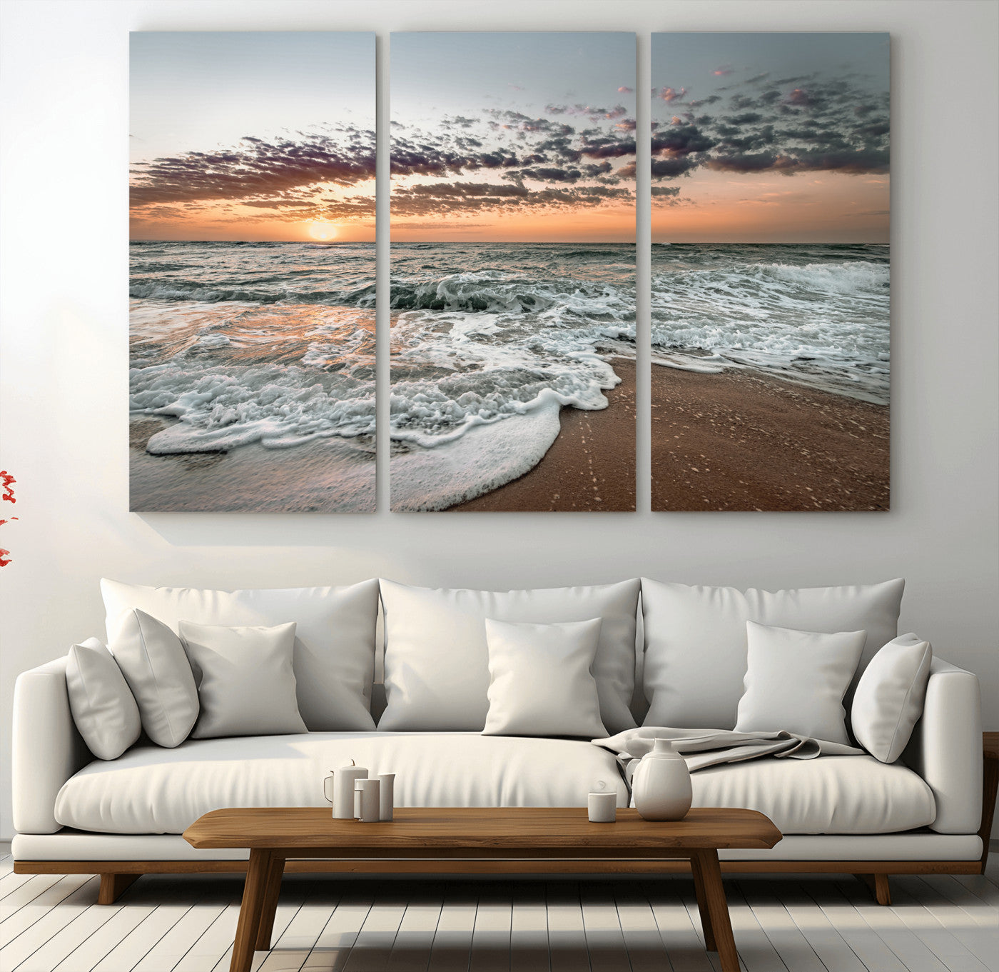 40632752-MGV-CV-48X32-3P-Ocean Sunset Wall Art Canvas Print, Framed Beach Waves Art Picture Print, Coastal Scene Perfect Coastal Decor Artwork