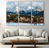 36247746-MGV-CV-48X32-3P-Snowy Peaks Wall Art Canvas Print, Framed Alpine Lake Art Picture Print, Pine Forest Perfect Alpine Wilderness Decor Artwork