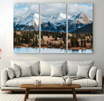 36247746-MGV-CV-48X32-3P-Snowy Peaks Wall Art Canvas Print, Framed Alpine Lake Art Picture Print, Pine Forest Perfect Alpine Wilderness Decor Artwork
