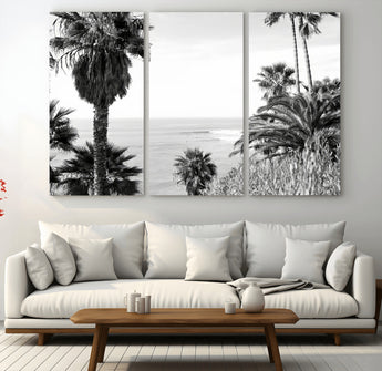 89458520-MGV-CV-48X32-3P-Palm Trees Wall Art Canvas Print, Framed Coastal View Art Picture Print, Ocean Horizon Perfect Monochrome Coast Decor Artwork