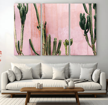 93119502-MGV-CV-36X24-Tall Cactus Wall Art Canvas Print, Framed Pink Wall Art Picture Print, Cactus Lines Perfect Modern Desert Decor Artwork