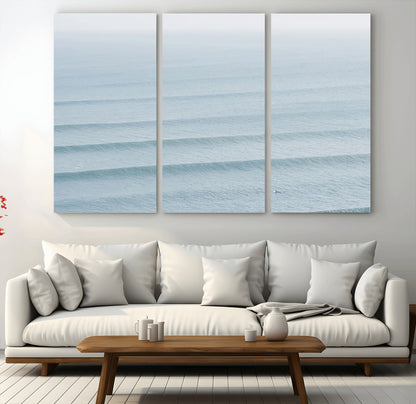 47814787-MGV-CV-48X32-3P-Ocean Waves Wall Art Canvas Print, Framed Solo Surfer Art Picture Print, Wave Lines Perfect Minimalist Ocean Decor Artwork