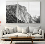 39393420-MGV-CV-48X32-3P-El Capitan Wall Art Canvas Print, Framed Yosemite Cliff Art Picture Print, Monochrome Mountain Perfect Monochrome Sierra Decor