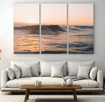 46299358-MGV-CV-48X32-3P-Sunset Waves Wall Art Canvas Print, Framed Ocean Horizon Art Picture Print, Golden Water Perfect Golden Hour Coastal Decor Artwork