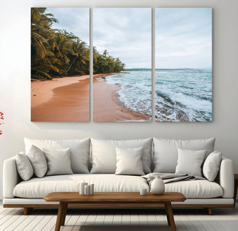 88125882-MGV-CV-48X32-3P-Tropical Shoreline Wall Art Canvas Print, Framed Palm Trees Art Picture Print, Tropical Ocean Perfect Tropical Coastal Decor