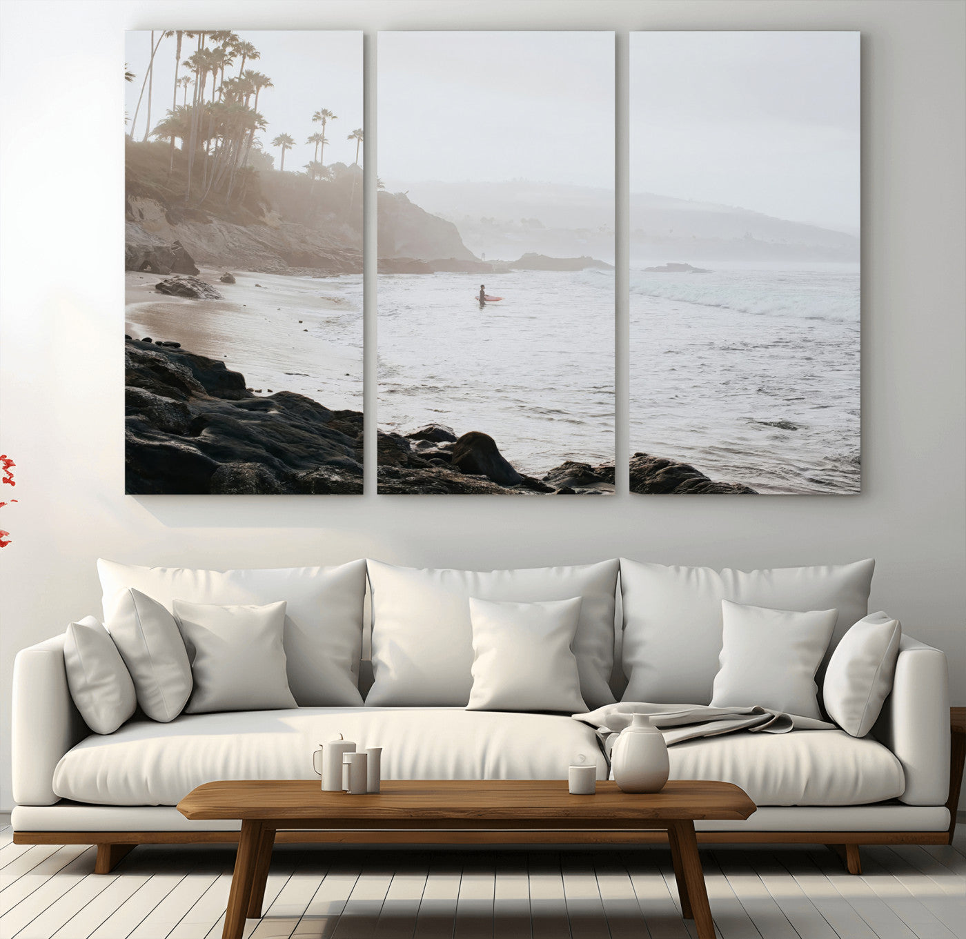 62501405-MGV-CV-48X32-3P-Misty Beach Wall Art Canvas Print, Framed California Surfer Art Picture Print, Coastal Cliff Perfect Coastal Beach Decor Artwork
