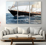 97168626-MGV-CV-48X32-3P-Sailing Yacht Wall Art Canvas Print, Framed Wooden Yacht Art Picture Print, Ocean Waves Perfect Nautical Coastal Decor Artwork
