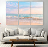 74679437-MGV-CV-48X32-3P-Pastel Ocean Wall Art Canvas Print, Framed Beach Waves Art Picture Print, Soft Sunset Perfect Pastel Coastal Decor Artwork