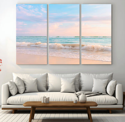 74679437-MGV-CV-48X32-3P-Pastel Ocean Wall Art Canvas Print, Framed Beach Waves Art Picture Print, Soft Sunset Perfect Pastel Coastal Decor Artwork