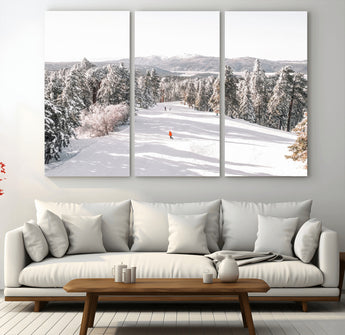62119206-MGV-CV-48X32-3P-Snowy Trail Wall Art Canvas Print, Framed Ski Slope Art Picture Print, Winter Pines Perfect Alpine Adventure Decor Artwork