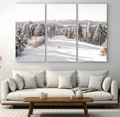 62119206-MGV-CV-48X32-3P-Snowy Trail Wall Art Canvas Print, Framed Ski Slope Art Picture Print, Winter Pines Perfect Alpine Adventure Decor Artwork