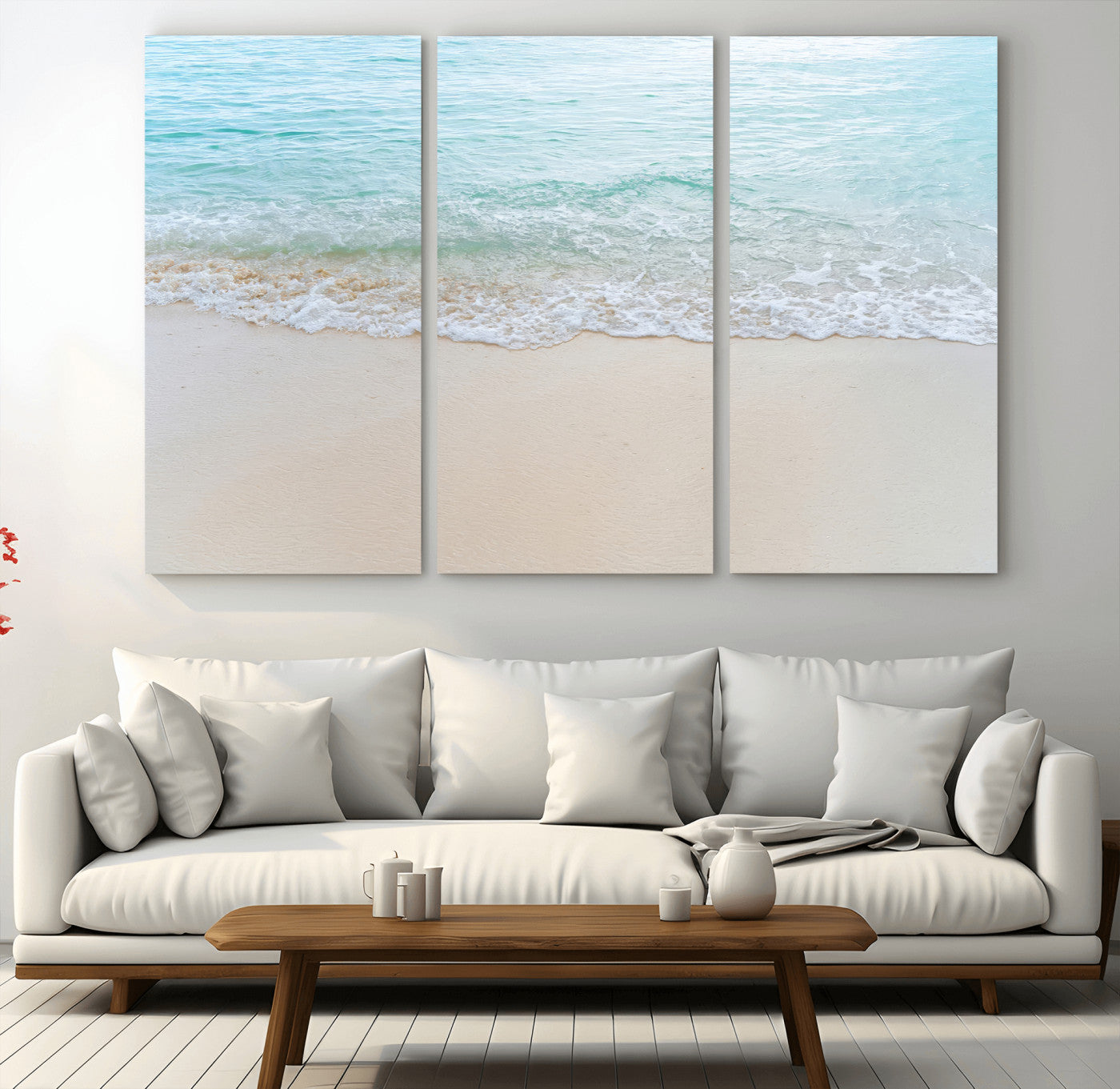 77194056-MGV-CV-48X32-3P-Soft Shoreline Wall Art Canvas Print, Framed Gentle Waves Art Picture Print, Clear Water Perfect Minimalist Coastal Decor Artwork