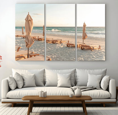 58507949-MGV-CV-48X32-3P-Beach Umbrellas Wall Art Canvas Print, Framed Empty Loungers Art Picture Print, Soft Sand Perfect Minimalist Seaside Decor Artwork