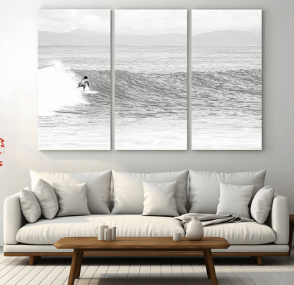 81535128-MGV-CV-48X32-3P-Surfer Woman Wall Art Canvas Print, Framed Black Ocean Art Picture Print, Ocean Surfing Perfect Monochrome Coastal Decor Artwork
