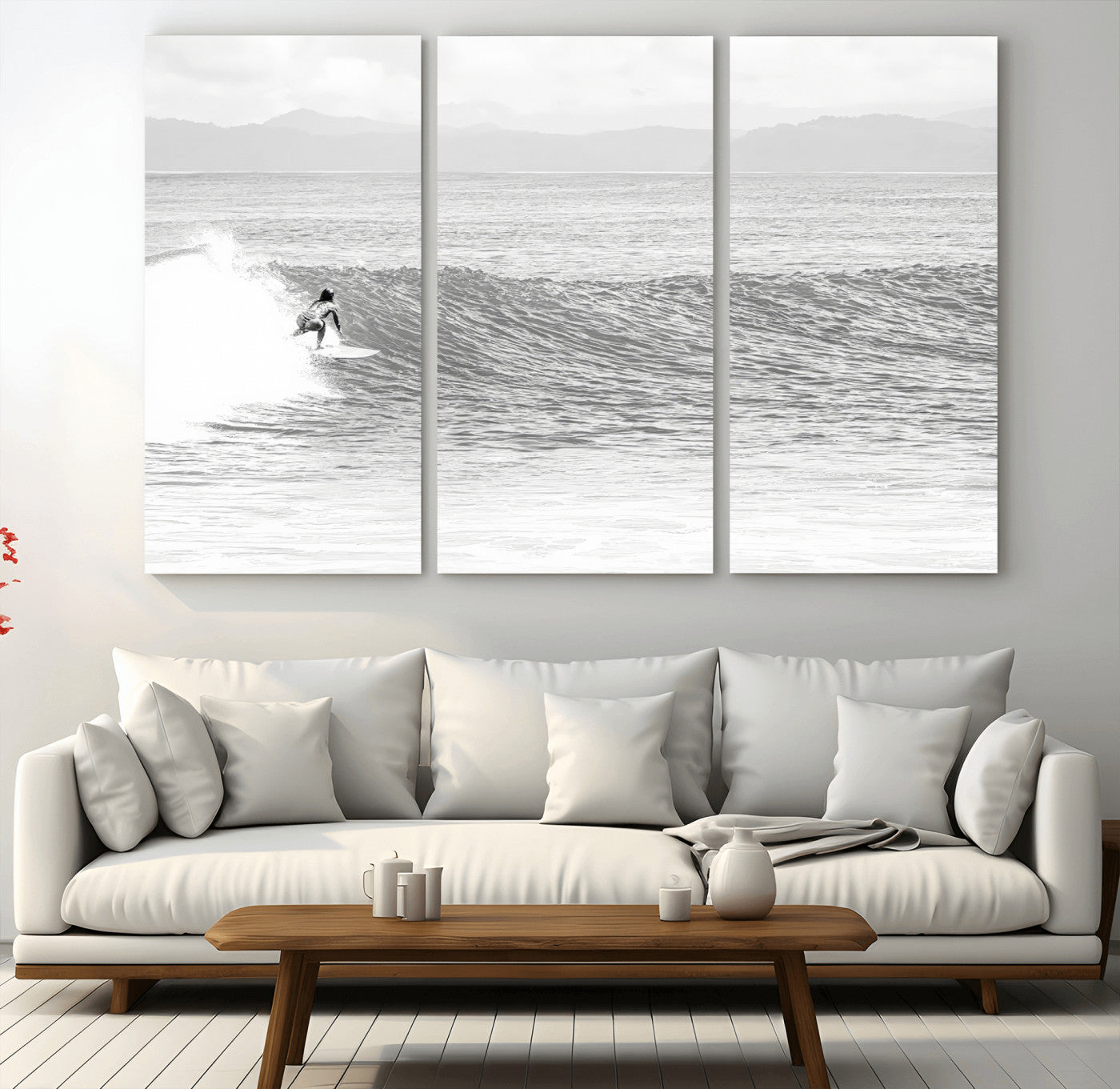 81535128-MGV-CV-36X24-Surfer Woman Wall Art Canvas Print, Framed Black Ocean Art Picture Print, Ocean Surfing Perfect Monochrome Coastal Decor Artwork