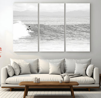 81535128-MGV-CV-36X24-Surfer Woman Wall Art Canvas Print, Framed Black Ocean Art Picture Print, Ocean Surfing Perfect Monochrome Coastal Decor Artwork