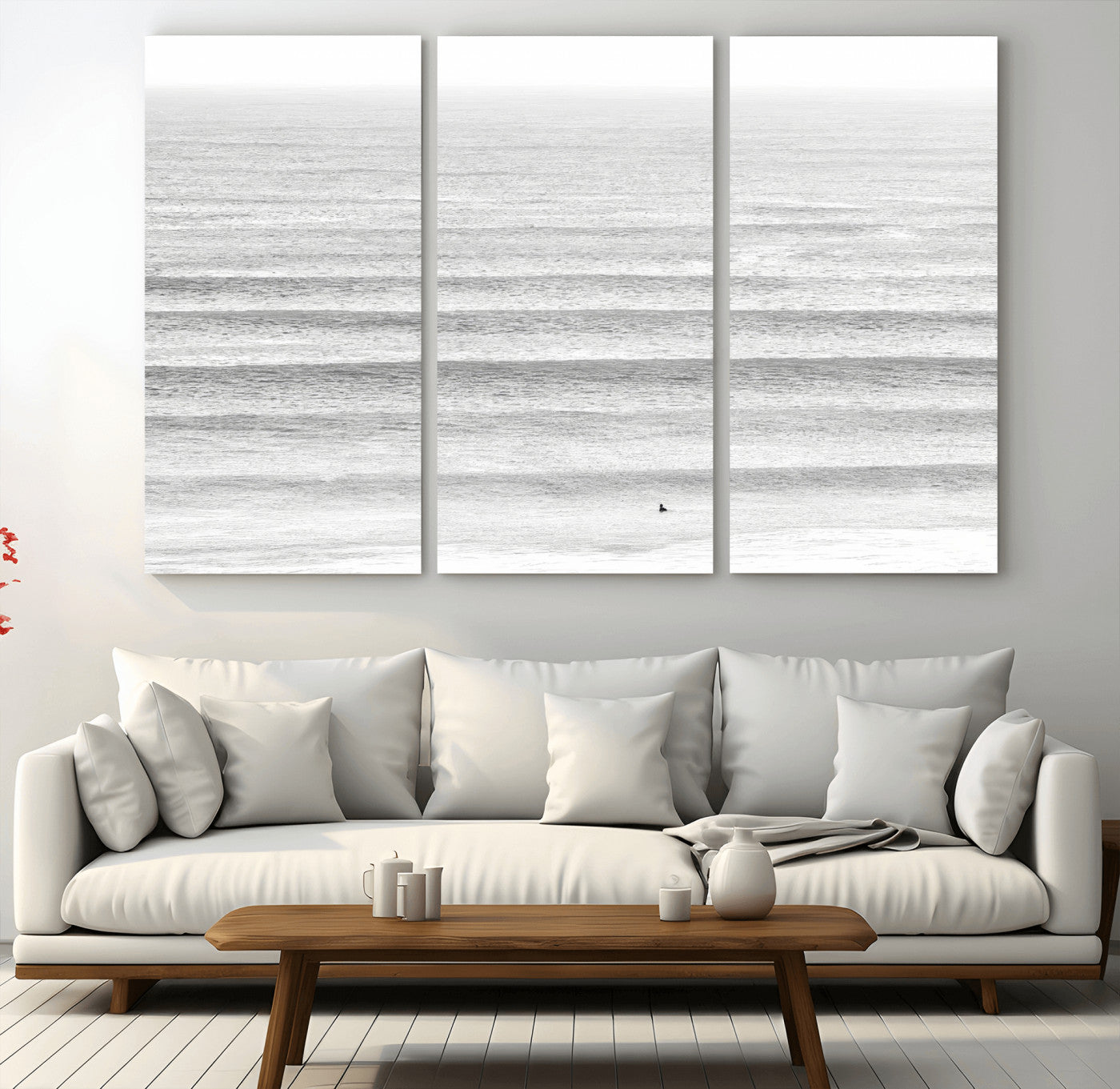 66534476-MGV-CV-48X32-3P-Lone Surfer Wall Art Canvas Print, Framed Ocean Waves Art Picture Print, Minimal Sea Perfect Minimal Coastal Decor Artwork