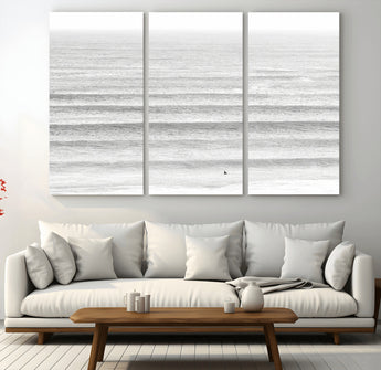 66534476-MGV-CV-48X32-3P-Lone Surfer Wall Art Canvas Print, Framed Ocean Waves Art Picture Print, Minimal Sea Perfect Minimal Coastal Decor Artwork
