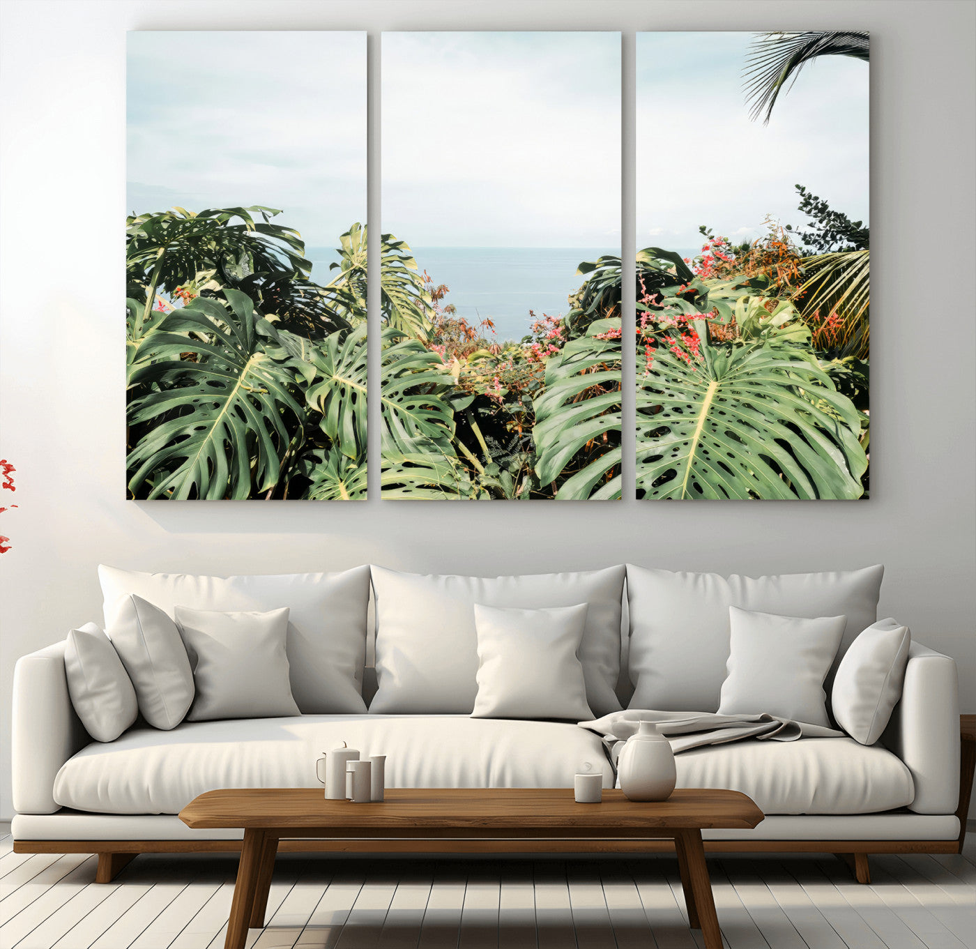 45700479-MGV-CV-48X32-3P-Monstera Leaves Wall Art Canvas Print, Framed Tropical Ocean Art Picture Print, Tropical Foliage Perfect Tropical Coastal Jungle