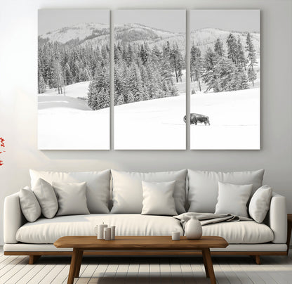 68081143-MGV-CV-48X32-3P-Snowy Bison Wall Art Canvas Print, Framed Winter Forest Art Picture Print, Lone Bison Perfect Monochrome Winter Wild Decor Artwork