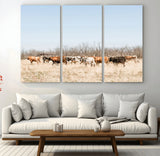 16563092-MGV-CV-48X32-3P-Texas Longhorns Wall Art Canvas Print, Framed Western Cattles Art Picture Print, Rustic Herd Perfect Rustic Farmhouse Decor